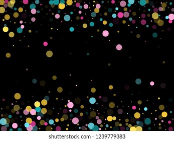 Memphis round confetti trendy background in cayn, pink and yellow on black.  Childish pattern vector, children's party birthday celebration background.  Holiday confetti circles in memphis style.