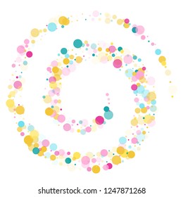 Memphis round confetti trendy background in cayn, pink and yellow on white.  Childish pattern vector, children's party birthday celebration background.  Holiday confetti circles in memphis style.