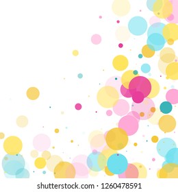 Memphis round confetti trendy background in cyan, pink and gold on white.  Childish pattern vector, children's party birthday celebration background.  Holiday confetti circles in memphis style.