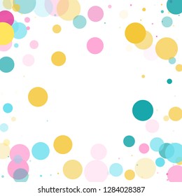 Memphis round confetti trendy background in cayn, pink and yellow on white.  Childish pattern vector, children's party birthday celebration background.  Holiday confetti circles in memphis style.