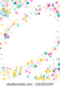 Memphis round confetti trendy background in blue, pink and yellow on white.  Childish pattern vector, children's party birthday celebration background.  Holiday confetti circles in memphis style.