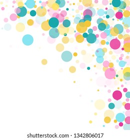 Memphis round confetti trendy background in blue, rose color, gold on white.  Childish pattern vector, children's party birthday celebration background.  Holiday confetti circles in memphis style.