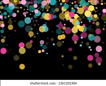 Memphis round confetti trendy background in blue, pink and gold on black.  Childish pattern vector, children's party birthday celebration background.  Holiday confetti circles in memphis style.