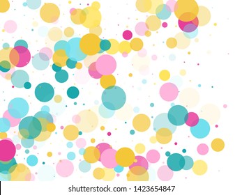 Memphis round confetti trendy background in blue, rose color, gold on white.  Childish pattern vector, children's party birthday celebration background.  Holiday confetti circles in memphis style.