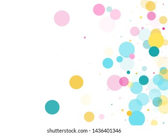 Memphis round confetti trendy background in blue, magenta and yellow on white.  Childish pattern vector, children's party birthday celebration background.  Holiday confetti circles in memphis style.