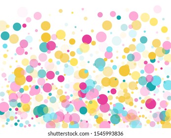 Memphis round confetti trendy background in cyan, crimson and gold on white.  Childish pattern vector, children's party birthday celebration background.  Holiday confetti circles in memphis style.