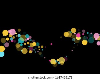 Memphis round confetti trendy background in cyan, pink and gold on black.  Childish pattern vector, children's party birthday celebration background.  Holiday confetti circles in memphis style.