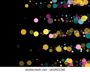 Memphis rund um Konfetti trendiger Hintergrund in Teal, Rose Farbe, Gold auf Schwarz.  Kindermuster Vektorillustration, Kinderparty Geburtstagsfeier Hintergrund.  Feiertags-Konfetti-Kreise im Memphis-Stil.