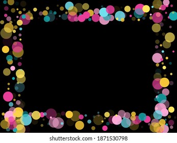 Memphis round confetti trendy background in blue, magenta and gold on black. Childish pattern vector, kid's party birthday celebration background. Holiday confetti circles in memphis style.