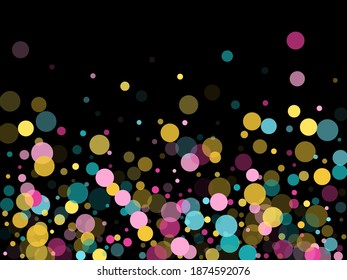 Memphis round confetti trendy background in cyan, magenta and gold on black. Childish pattern vector, children's party birthday celebration background. Holiday confetti circles in memphis style.