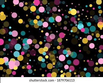 Memphis redondo confetti fondo de moda en cian, rosa y dorado sobre negro. Vector de patrón infantil, fondo de celebración de cumpleaños de fiesta infantil. Círculos de confeti navideño al estilo memphis.