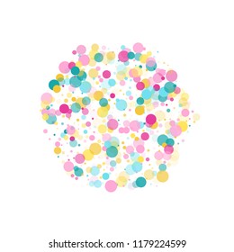 Memphis round confetti vintage background in blue, magenta and gold on white.  Childish pattern vector, children's party birthday celebration background.  Holiday confetti circles in memphis style.