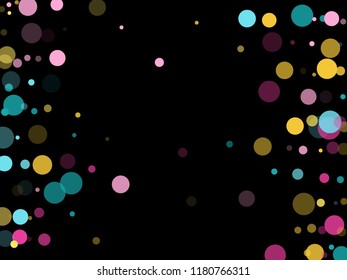 Memphis round confetti vintage background in cayn, crimson and yellow on black.  Childish pattern vector, kid's party birthday celebration background.  Holiday confetti circles in memphis style.