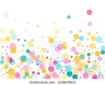 Memphis round confetti vintage background in cyan, pink and gold on white.  Childish pattern vector, children's party birthday celebration background.  Holiday confetti circles in memphis style.