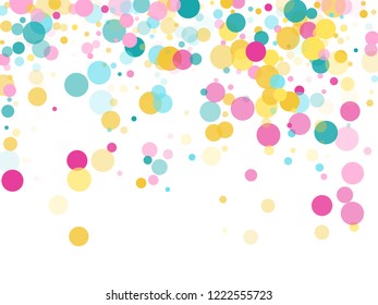 Memphis round confetti vintage background in cyan, rose color, gold on white.  Childish pattern vector, children's party birthday celebration background.  Holiday confetti circles in memphis style.