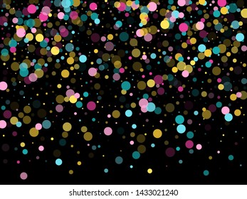 Memphis round confetti vintage background in cayn, magenta and yellow on black.  Childish pattern vector, children's party birthday celebration background.  Holiday confetti circles in memphis style.