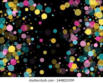 Memphis round confetti vintage background in teal, rose color, gold on black.  Childish pattern vector, kid's party birthday celebration background.  Holiday confetti circles in memphis style.