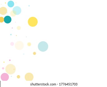 Memphis round confetti vintage background in cayn, magenta and yellow on white.  Childish pattern vector, children's party birthday celebration background.  Holiday confetti circles in memphis style.