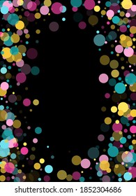 Memphis round confetti vintage background in teal, magenta and yellow on black. Childish pattern vector, children's party birthday celebration background. Holiday confetti circles in memphis style.
