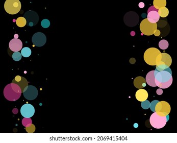 Memphis round confetti vintage background in blue, crimson and yellow on black. Childish pattern vector, kid's party birthday celebration background. Holiday confetti circles in memphis style.