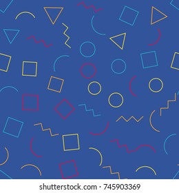 Memphis seamless geometric pattern 80's-90's styles on a blue background with different shapes. Vector repeating texture.