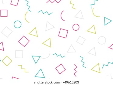 Memphis seamless geometric pattern 80's-90's styles on a white background. Vector repeating texture.