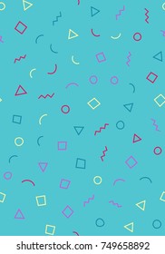 Memphis seamless geometric pattern 80's-90's styles on a blue background with different shapes. Vector repeating texture.