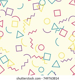 Memphis seamless geometric pattern with beige background with different shapes. Vector repeating texture.