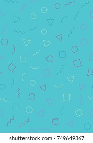 Memphis seamless geometric pattern with blue background with different shapes. Vector repeating texture.