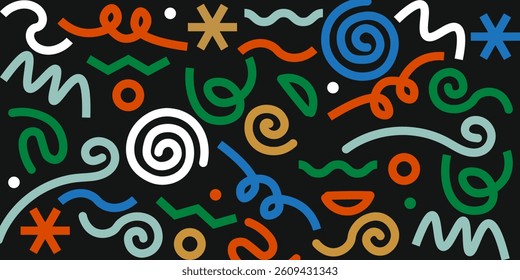 Memphis seamless geometric pattern. Multicolored abstract background in retro style of the 80s, 90s with various shapes: circles, semicircles, dots, zigzags, spirals, wavy lines. vector