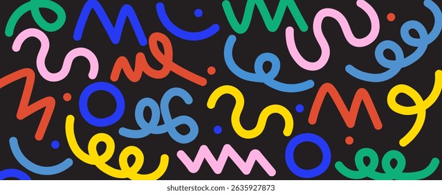 Memphis seamless geometric pattern. Multicolored abstract background in retro style of the 80s, 90s with various shapes: circles, dots, zigzags, spirals, wavy lines. eps 10