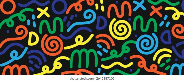 Memphis seamless geometric pattern. Multicolored abstract background in retro style of the 80s, 90s with various shapes: circles, semicircles, dots, zigzags, spirals, wavy lines. vector