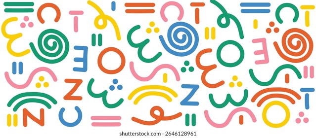 Memphis seamless geometric pattern. Multicolored abstract background in retro style of the 80s, 90s with various shapes: circles, dots, zigzags, spirals, wavy lines. vectors