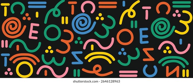 Memphis seamless geometric pattern. Multicolored abstract background in retro style of the 80s, 90s with various shapes: circles, dots, zigzags, spirals, wavy lines. eps 10