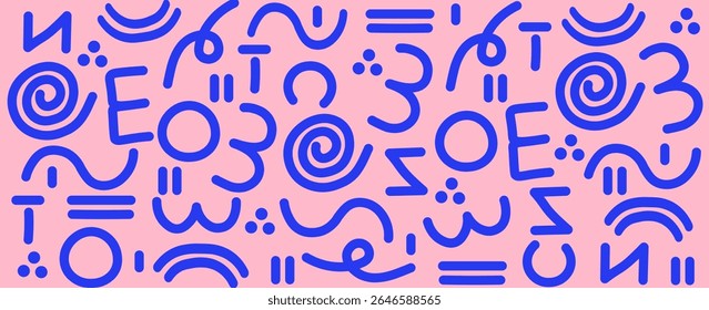 Padrão geométrico sem emênfis. Fundo abstrato multicolorido no estilo retro dos anos 80, 90 com várias formas: círculos, pontos, ziguezags, espirais, linhas onduladas. eps 10