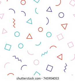 Memphis seamless geometric pattern with white background with different shapes. Vector repeating texture.