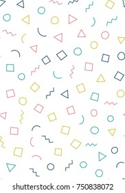 Memphis seamless geometric pattern with white background with different shapes. Trendy memphis style. Vector repeating texture.