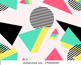 Memphis seamless pattern 3d geometric shapes in style of the 80s. Abstract background for promotional products, wrapping paper and printing. Vector illustration