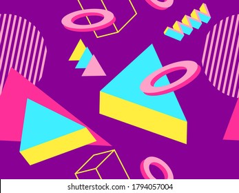 Las formas geométricas de 3d del patrón sin fisuras en estilo de los años 80. Resumen de fondo para productos promocionales, papel de embalaje e impresión. Ilustración del vector
