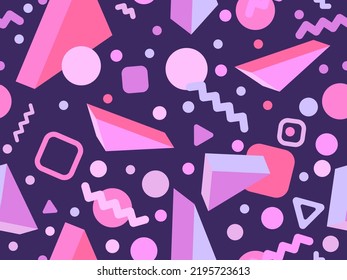 Memphis seamless pattern with 3d geometric shapes in 80s style. Colorful geometric pattern. Design of promotional products, wrapping paper and printing. Vector illustration