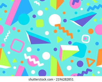 Memphis seamless pattern with 3d geometric shapes in 80s style. Colorful geometric pattern. Design of promotional products, wrapping paper and printing. Vector illustration
