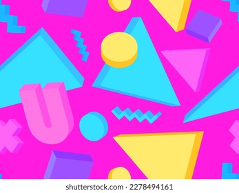 Memphis seamless pattern with 3d geometric shapes in 80s style. Colorful geometric pattern. Design of promotional products, wrapping paper and printing. Vector illustration