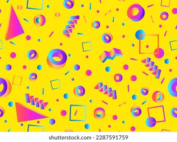 Memphis seamless pattern with 3d geometric shapes with gradient. Colorful isometric 3d geometric shapes in 80s style. Design for printing on paper, banner and wallpaper. Vector illustration
