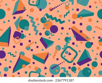 Patrón sin fisuras con formas geométricas 3d en el estilo de los años 80. Patrón geométrico colorido. Diseño de productos promocionales, papel envolvente e impresión. Ilustración del vector