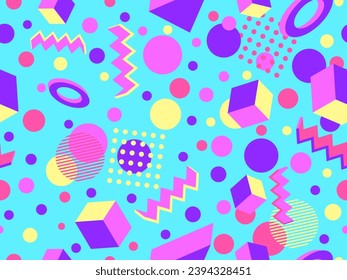 Memphis seamless pattern with 3d geometric shapes in 80s style. Colorful geometric pattern. Design of promotional products, wrapping paper and printing. Vector illustration