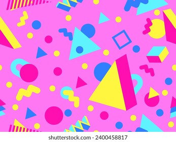Memphis seamless pattern with 3d geometric shapes in 80s style. Colorful geometric pattern. Design of promotional products, wrapping paper and printing. Vector illustration