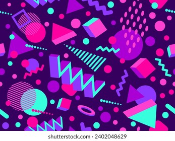 Memphis seamless pattern with 3d geometric shapes in 80s style. Colorful geometric pattern. Design of promotional products, wrapping paper and printing. Vector illustration