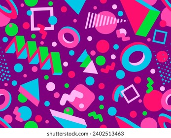 Memphis seamless pattern with 3d geometric shapes in 80s style. Colorful geometric pattern. Design of promotional products, wrapping paper and printing. Vector illustration