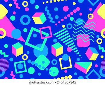 Memphis seamless pattern with 3d geometric shapes in 80s style. Colorful geometric pattern. Design of promotional products, wrapping paper and printing. Vector illustration