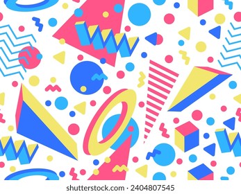 Memphis seamless pattern with 3d geometric shapes in 80s style. Colorful geometric pattern. Design of promotional products, wrapping paper and printing. Vector illustration